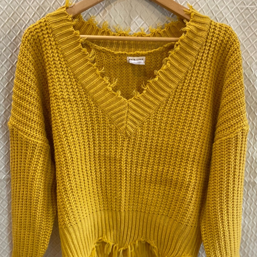 Main Strip Mustard V-Neck Distressed Sweater